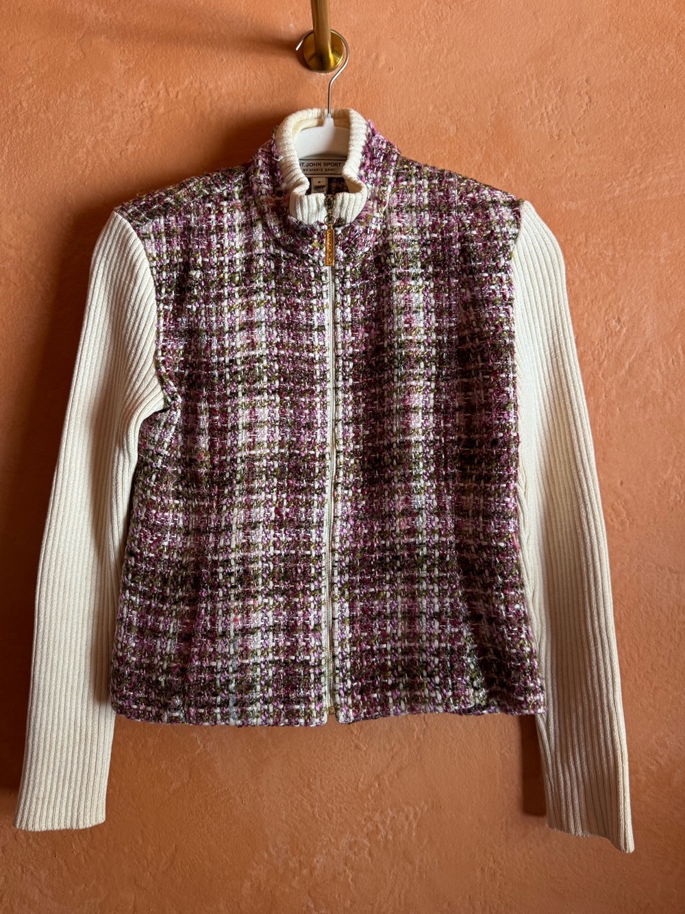 St John Sport Tweed Knit Jacket Zip Chanel Style Petite Wool Blend